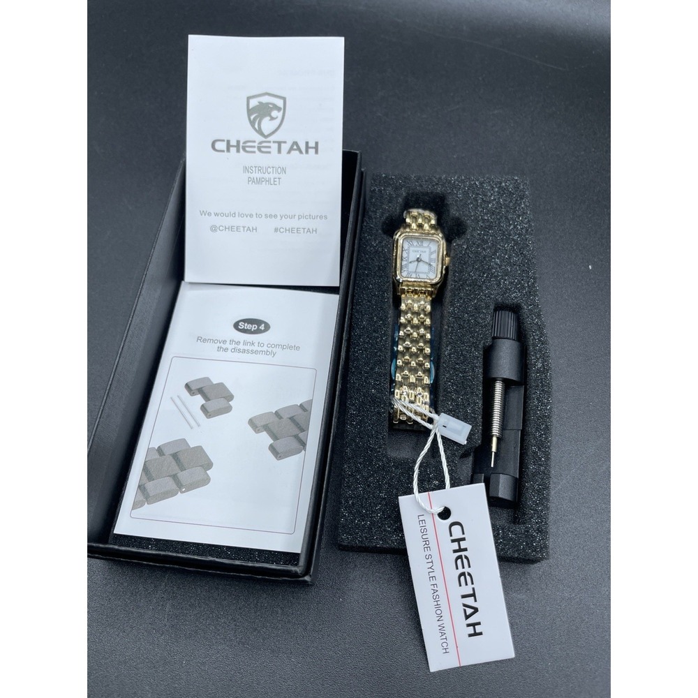 Cheetah Gold Tone Square Quartz Watch Roman Dial Stainless Steel Band New